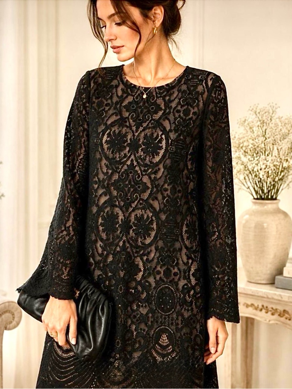 BCBGMaxAzria Black Lace Long Sleeve Fringe Hem Vintage Style Dress Size L NWOT